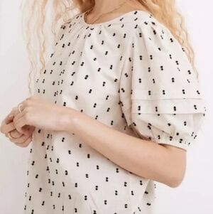 Madewell Tie-Back Puff-Sleeve Cotton/Linen  Blouse In Clip Dot, Size XL